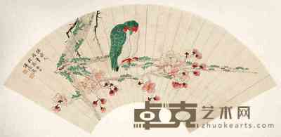 溥涧 桃花白头扇面 镜心 20×53cm